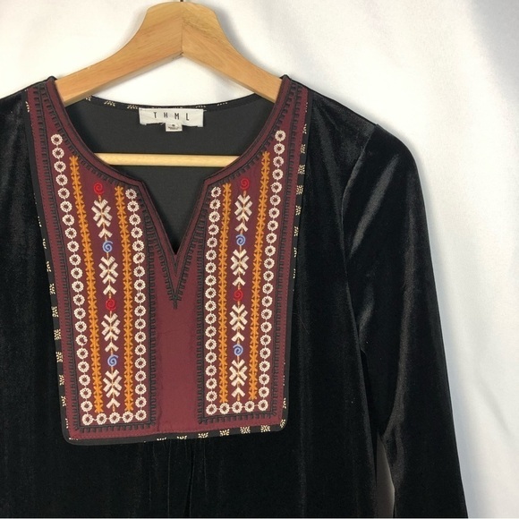THML Black Velvet Floral Embroidered Long Sleeve Mini Dress S - Picture 3 of 5